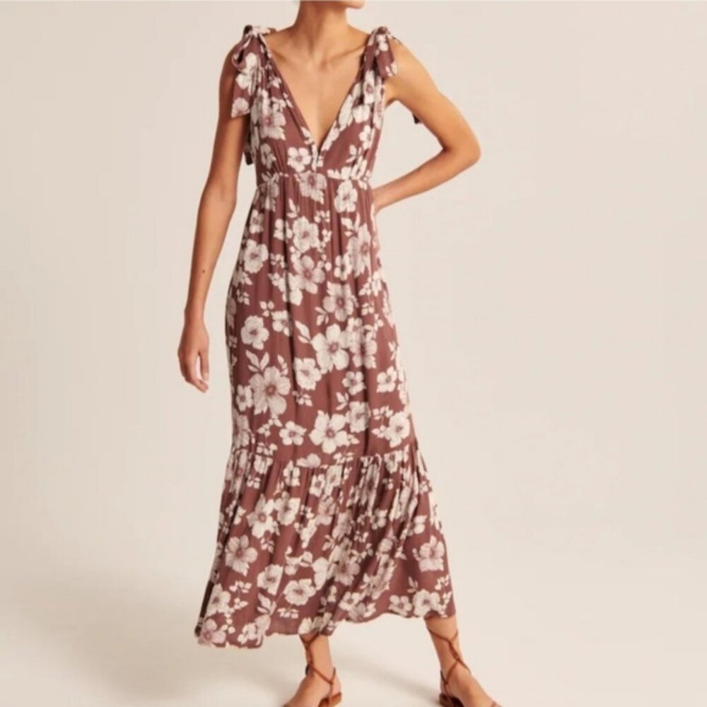 Mauve Red Brown White Floral Midi Tie Strap Abercrombie Dress